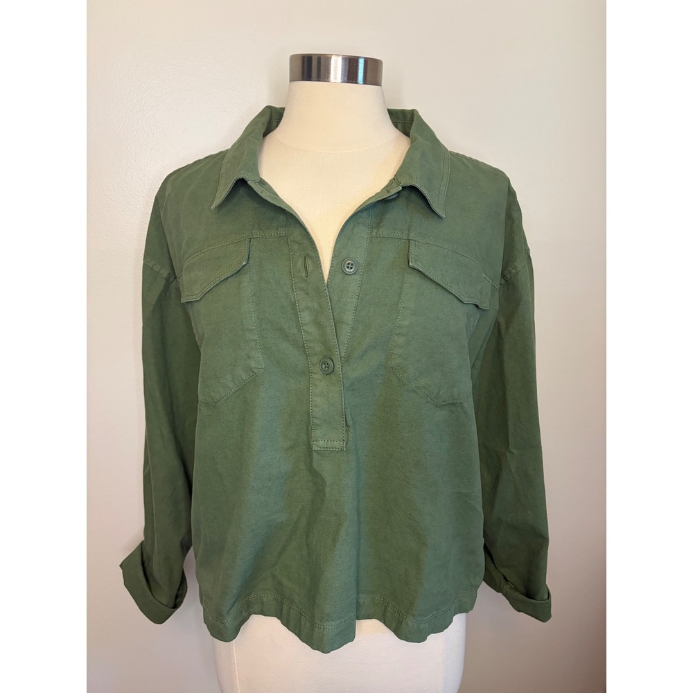 J.Crew ReImagined Olive Green Cotton Linen Utility Popover Shirt Womens L Preppy